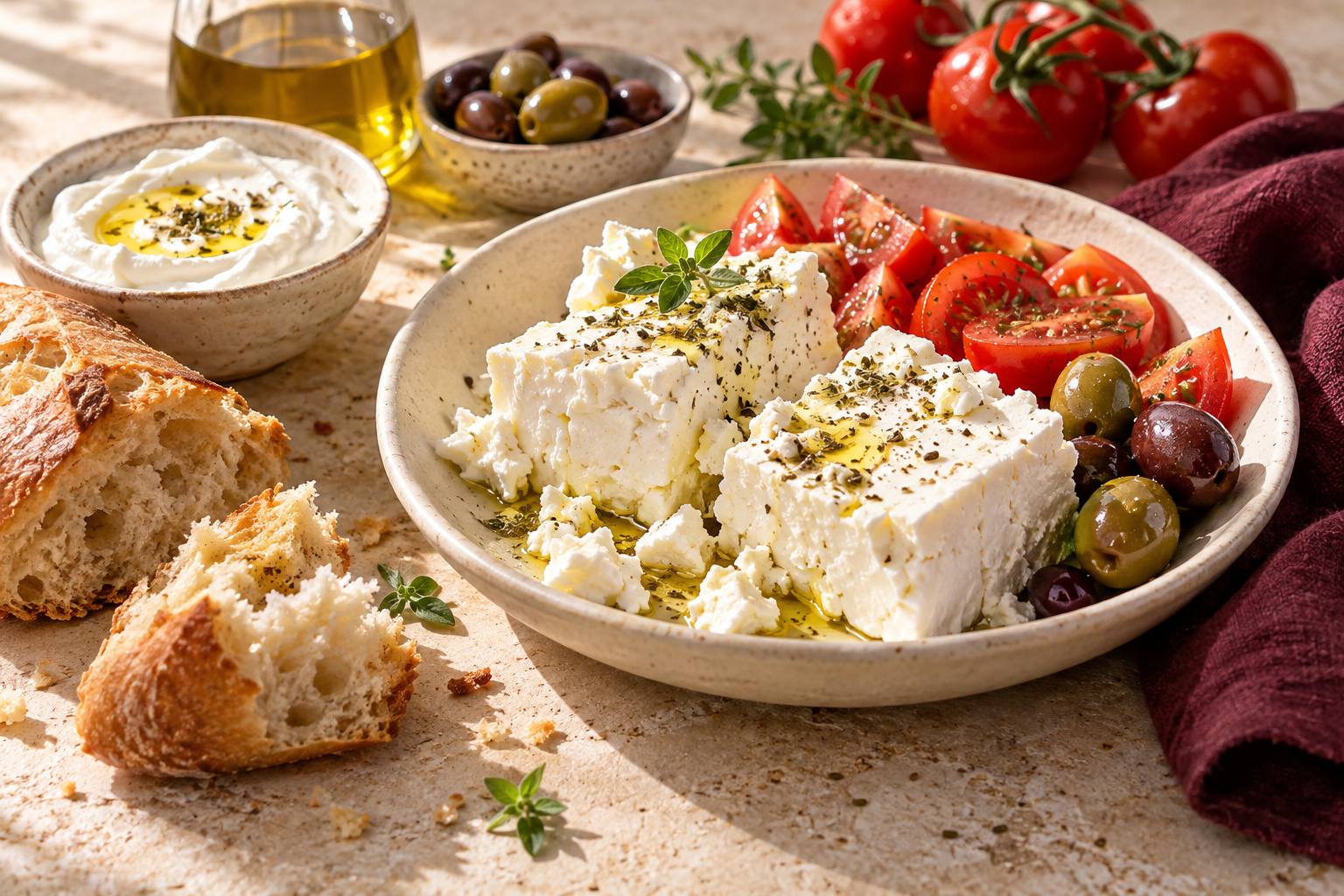 Serving inspiration: feta, tomatoes, olives, bread, and a bowl of yogurt on a sunlit table