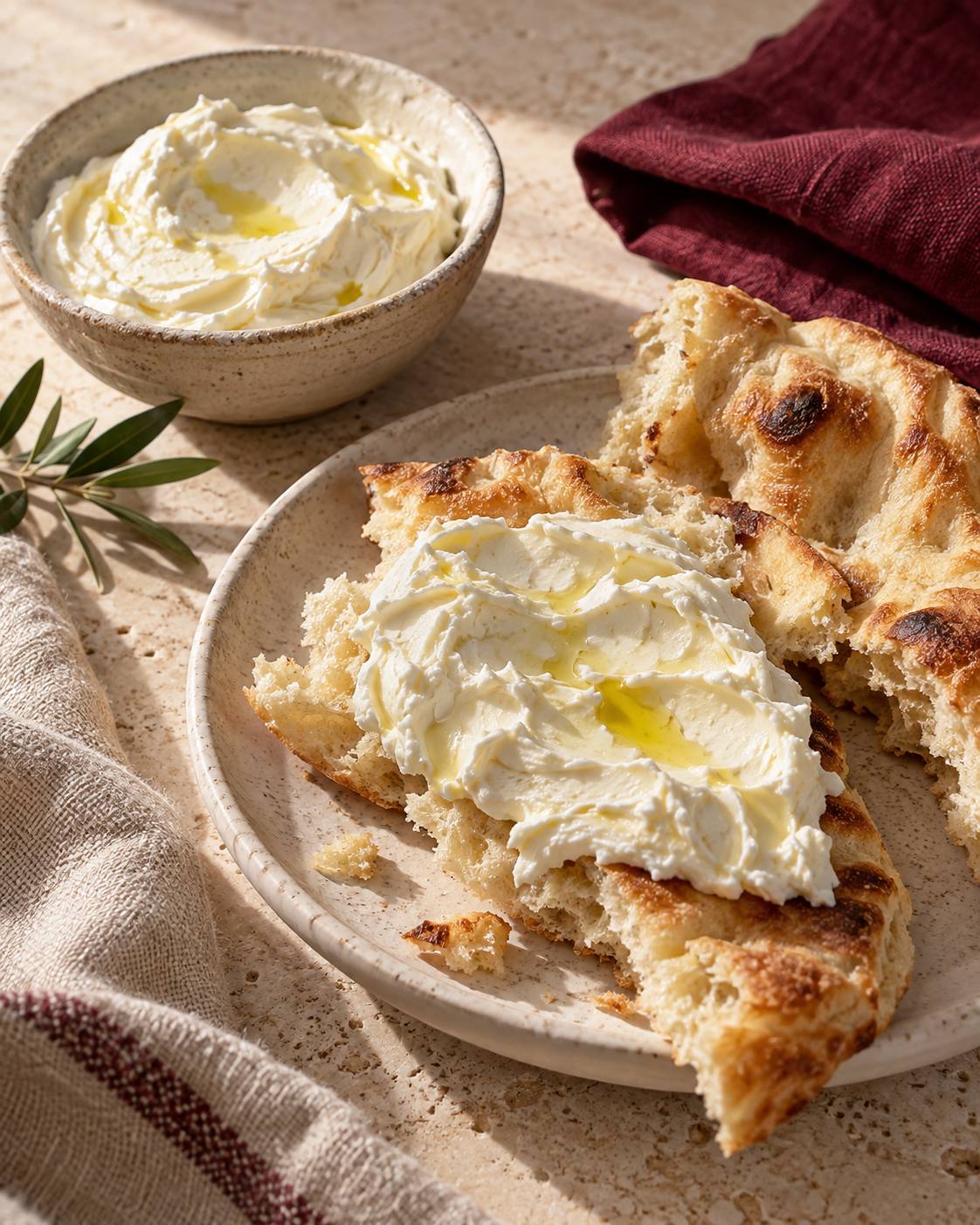 Serving inspiration: rich dairy spread on torn flatbread with a small bowl alongside
