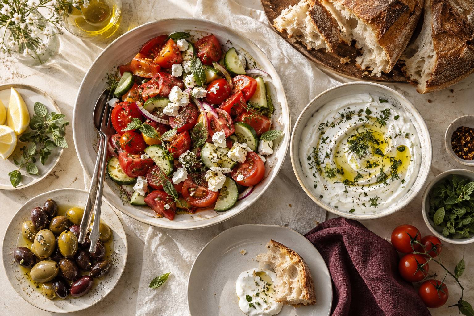 Serving inspiration: an overhead Mediterranean table with feta salad, yogurt dip, olives, and bread